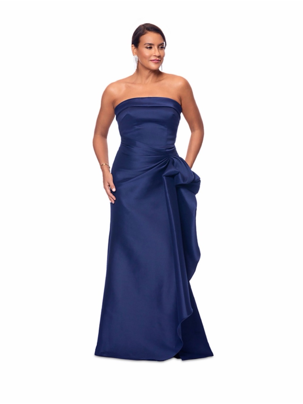 Xscape Strapless Navy Satin Gown with Side Cascade